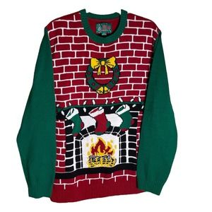 Ugly Christmas Sweater Size XL Red brick Fireplace Stockings Knitted Sweater